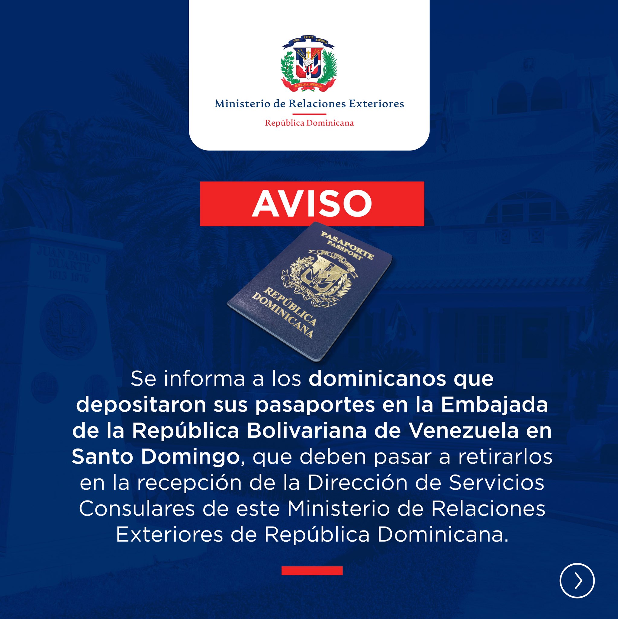 Mirex anuncia devolución de pasaportes depositados en Embajada de Venezuela